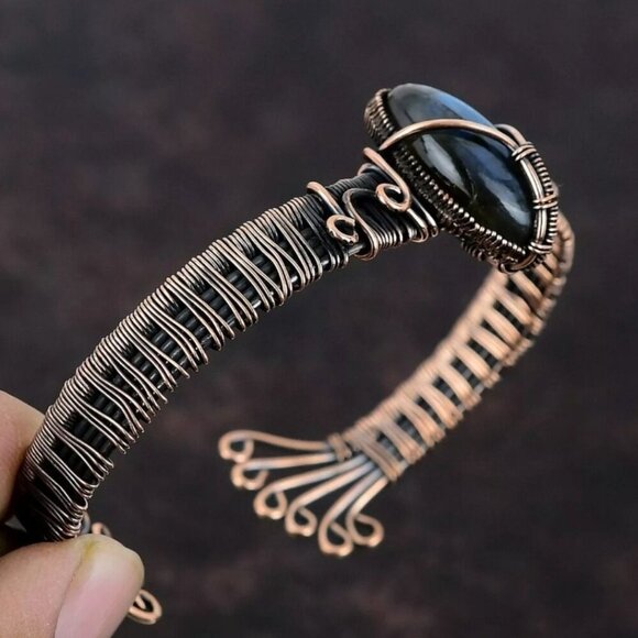 Handcrafted ✦ Marquise Labradorite Bangle ✦ Wire‑Wrapped Copper Bracelet NWT - Picture 4 of 13